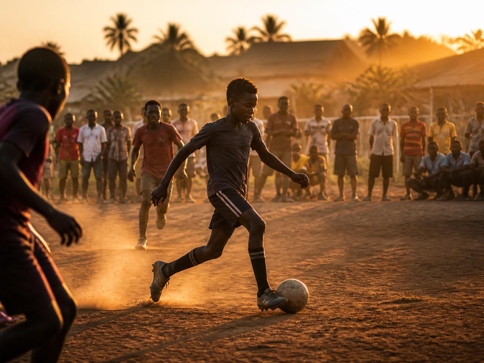 Young players on a community pitch at golden hour